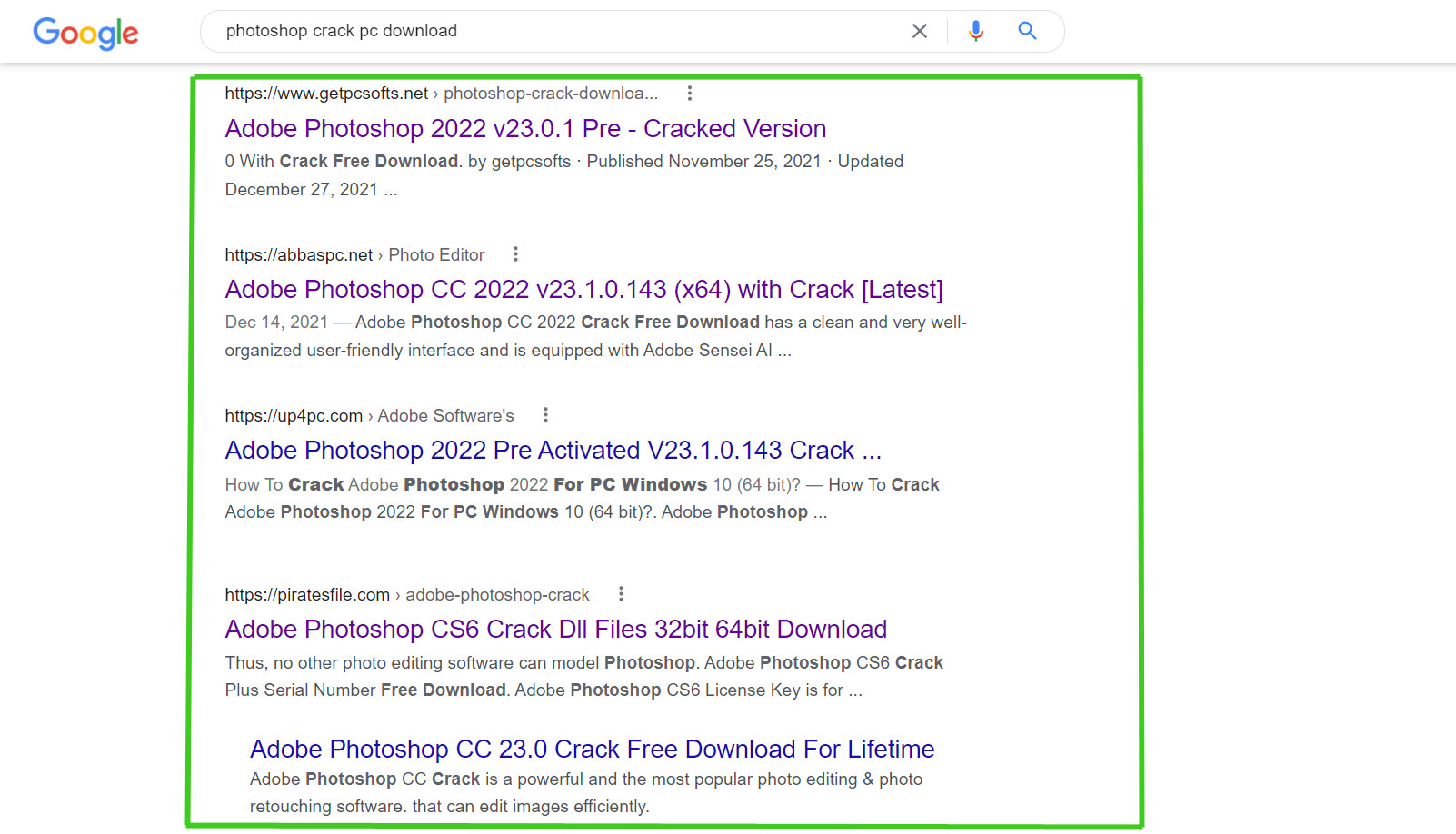 Google Search of Cracked Photoshop