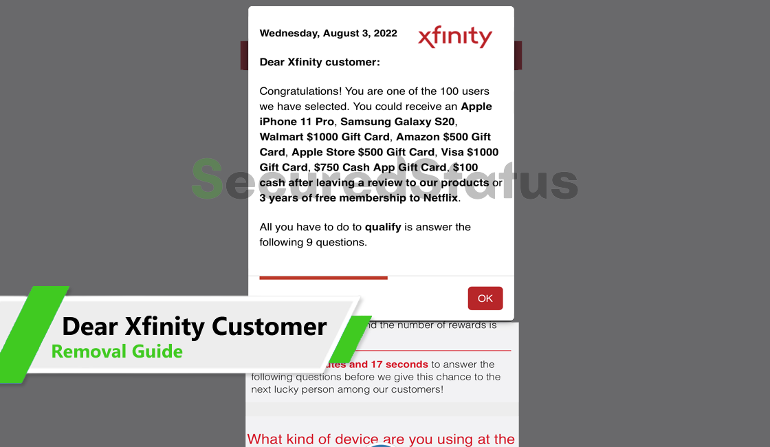 "Dear Xfinity Customer" Pop-up Scam