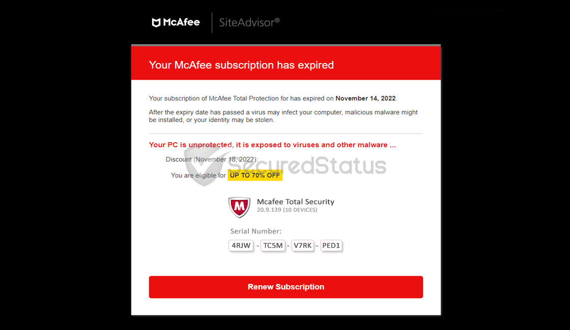 Image of Your McAfee subscription has expired Fake Pop-up Alert