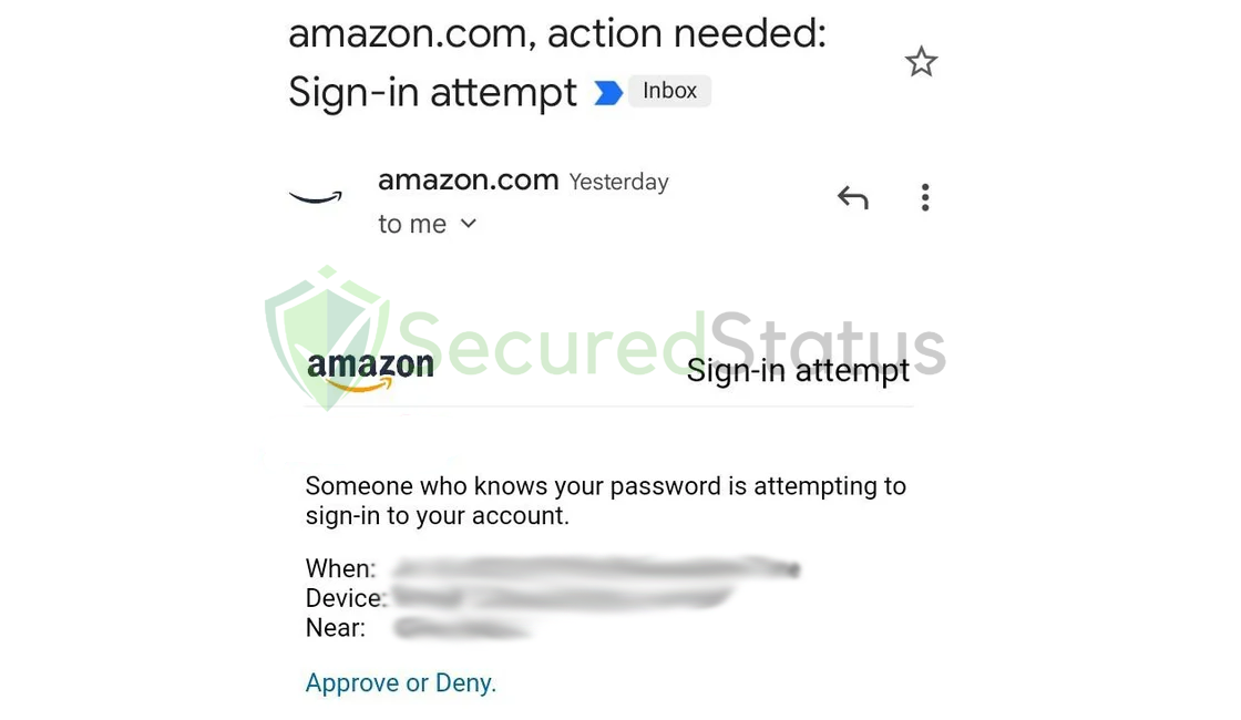 Image of the Amazon.com, Action needed: Sign-in attempt Message