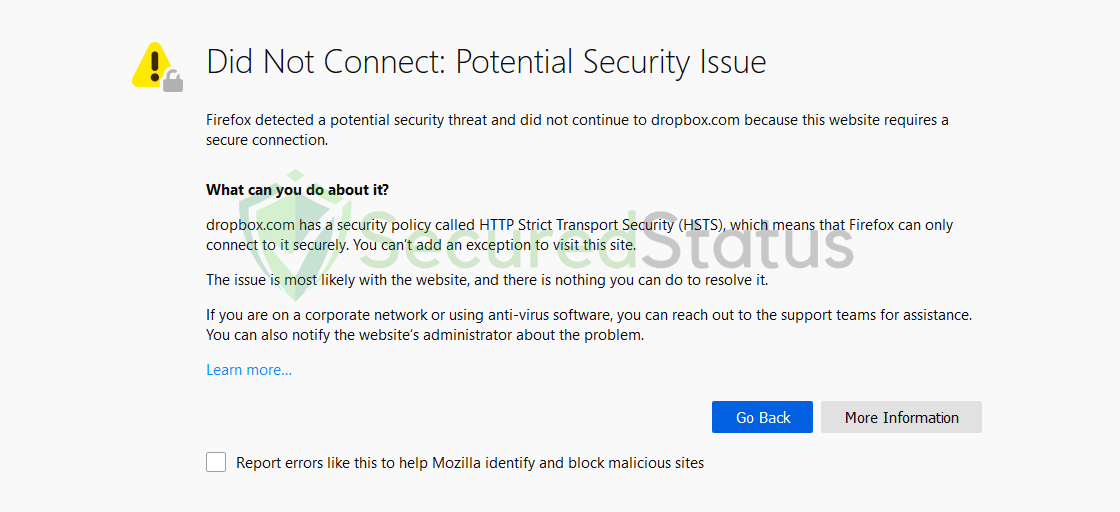 Image of the Did Not Connect: Potential Security Issue Error