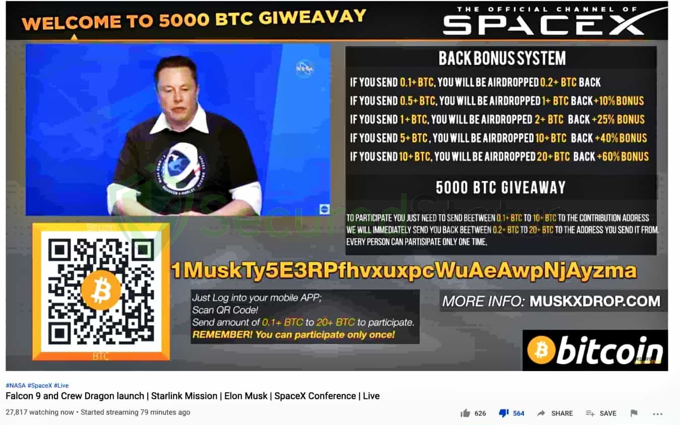 Image of Elon Musk Giveaway Scam on YouTube