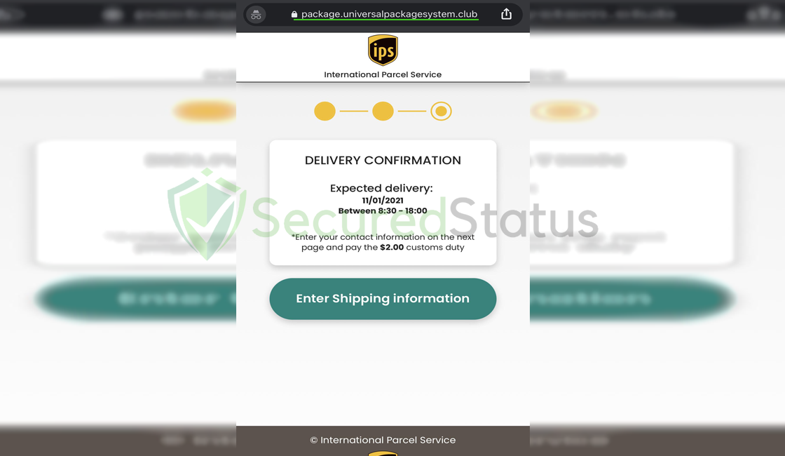 Image of International Parcel Service Delivery Scam Website