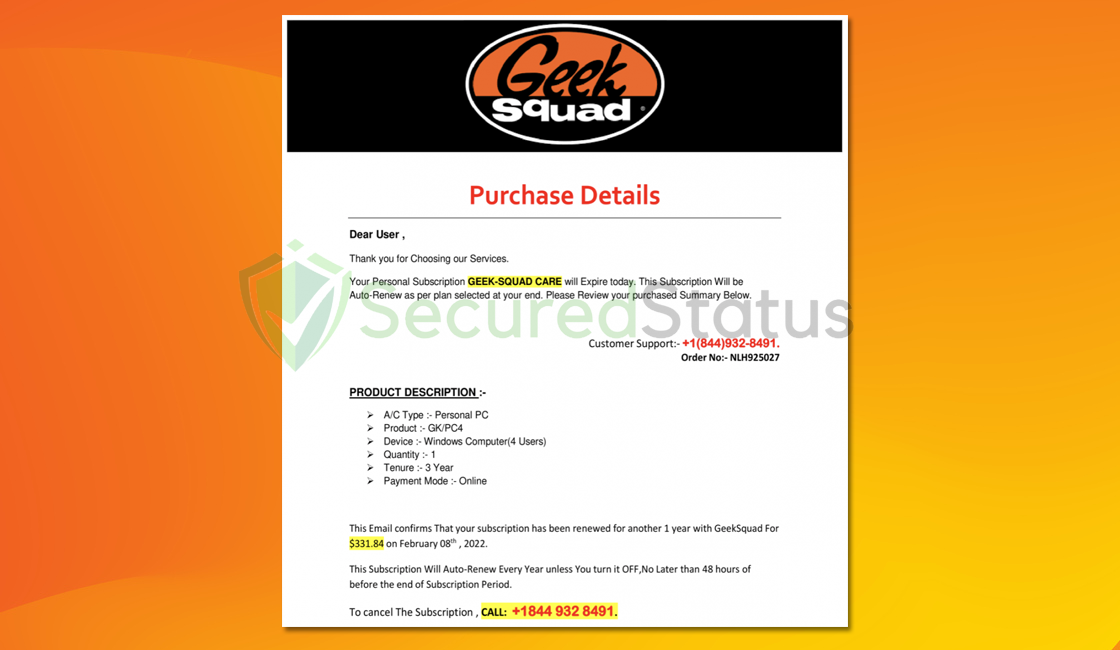 Image of Geek Squad Subscription Renewal Scam