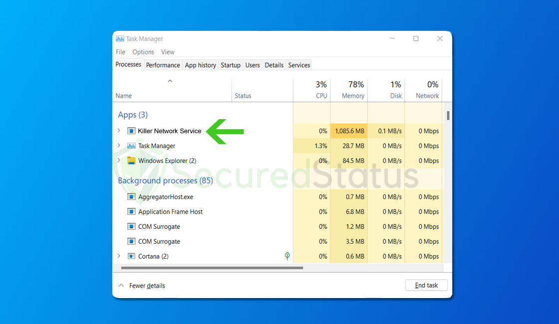 Image of Killer Network Service on Task Manager