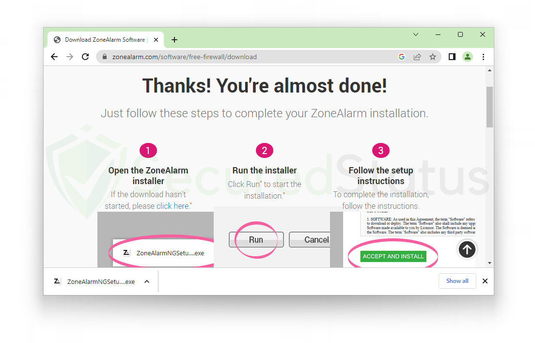 Image of ZoneAlarm Download Instructions Page