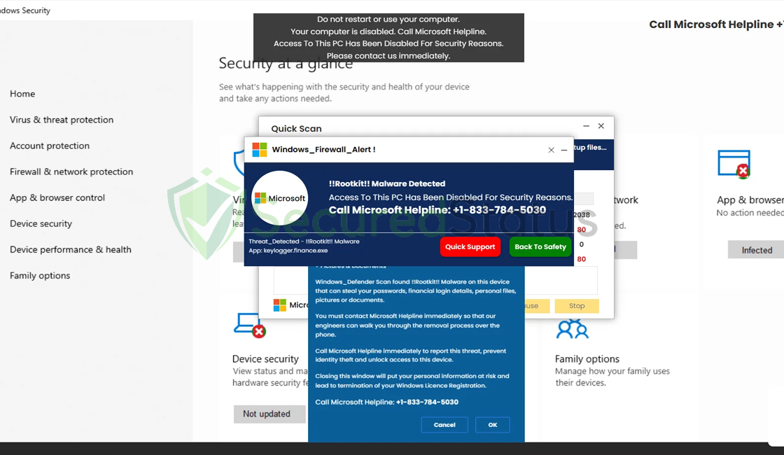 Image of "Your computer is disabled. Call Microsoft Helpline" Scam