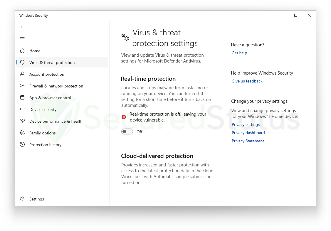 Image of Virus & threat protection settings