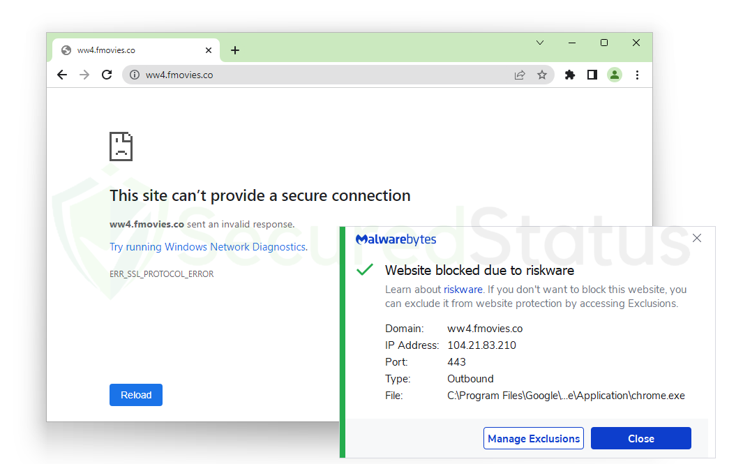 Image of Malwarebytes Blocking Malicious Website Due to Riskware