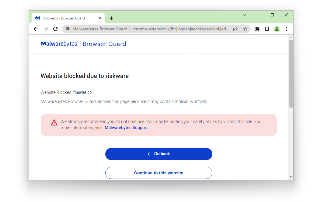 Image of Malwarebytes Browser Guard Blocking A Malicious Site