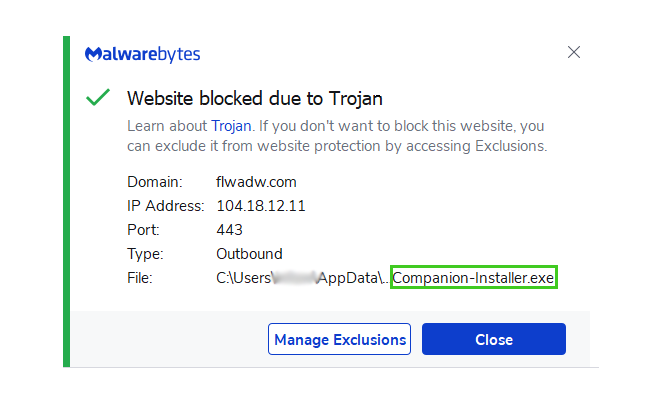 Image of WebCompanion Connection Blocked By Malwarebytes