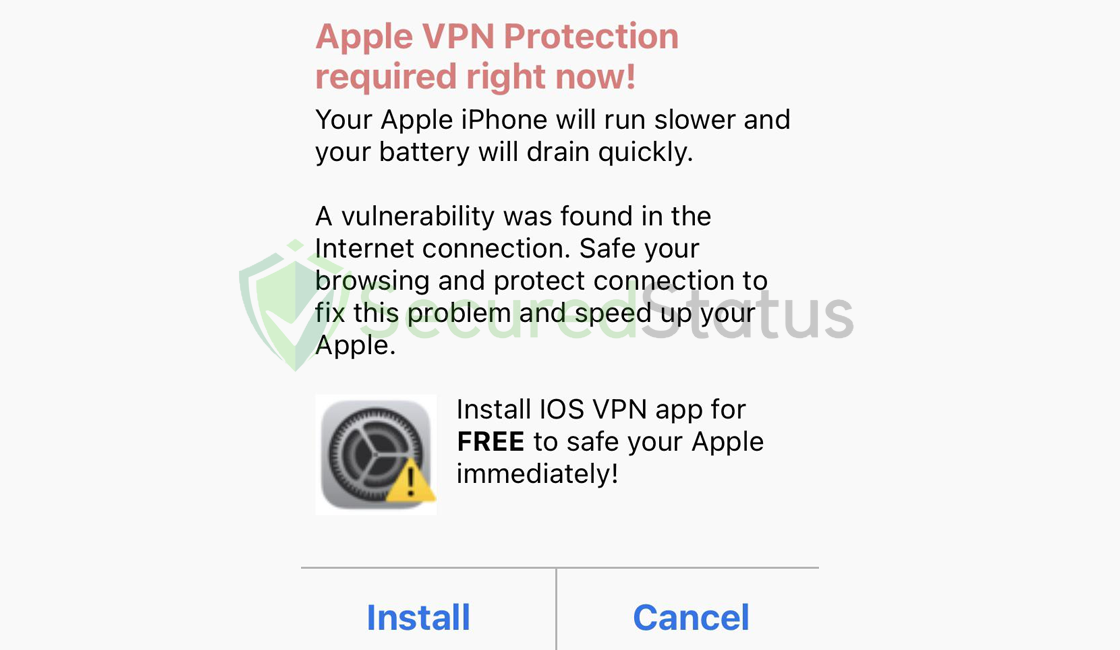 Image of "Apple VPN Protection required right now!" Fake Pop-ups
