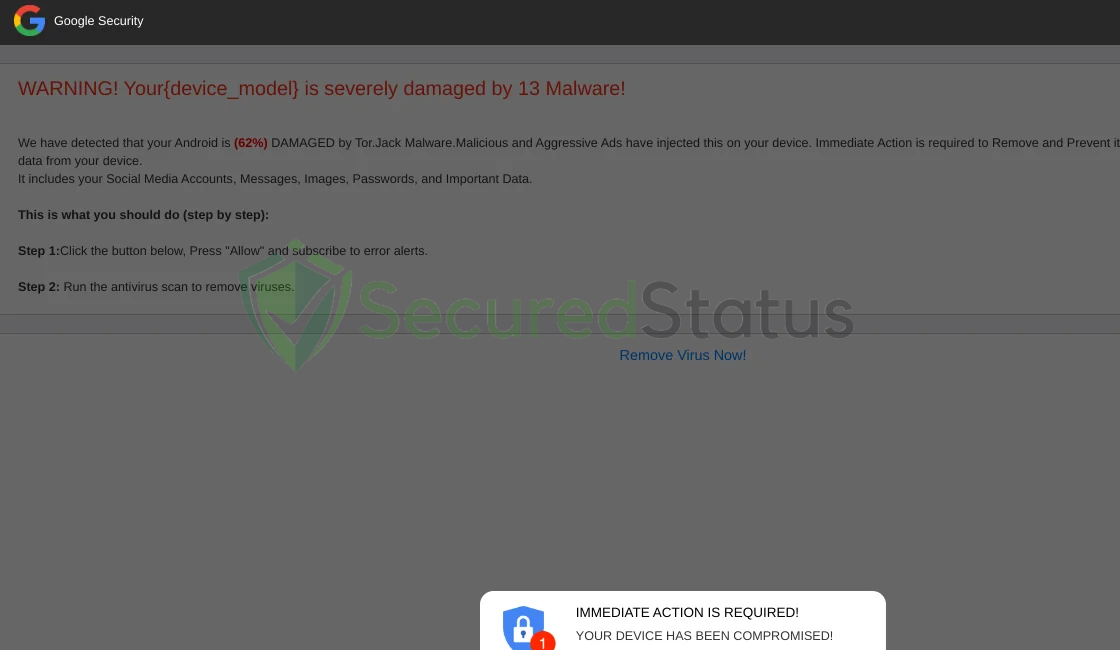 Image of "WARNING! Your device is severely damaged by 13 Malware" Alerts